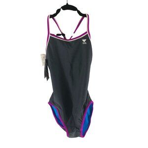 TYR Double Binding Reversible Diamondfit Swimsuit Open Back Gray Blue S